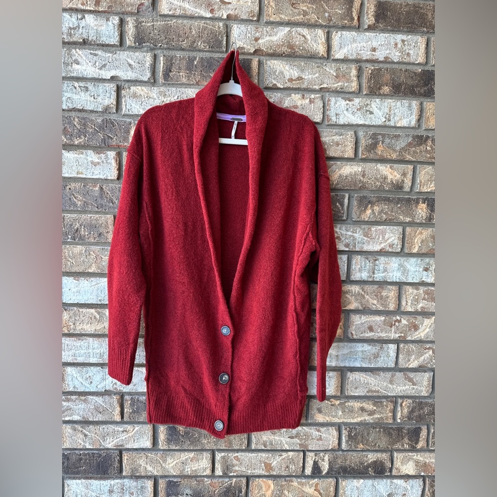 Free People Oversized Red Cardigan Cozy Button Front XS